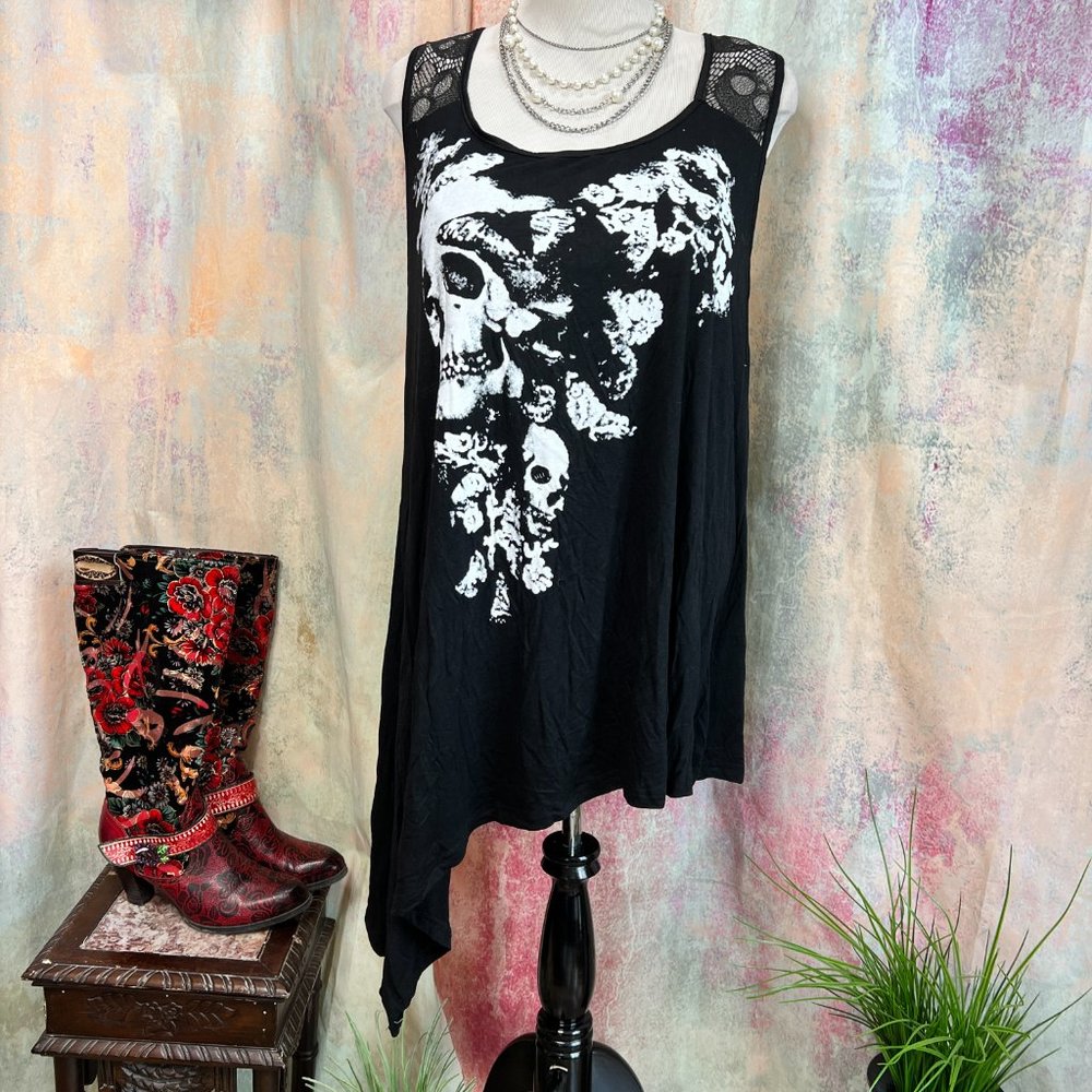 NEW 📌Rosegal Asymmetrical Long Skull Print Gothic Tee -Top & Lace with Skulls - Picture 5 of 16